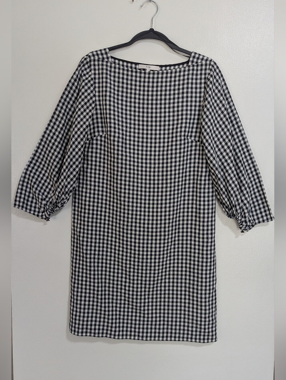 Tibi Size 4 Black White Gingham Checkered Puff Sleeve Shift Dress